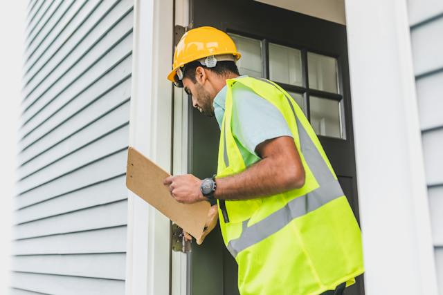 person conducting a property inspection in a hard hat and a reflective vest